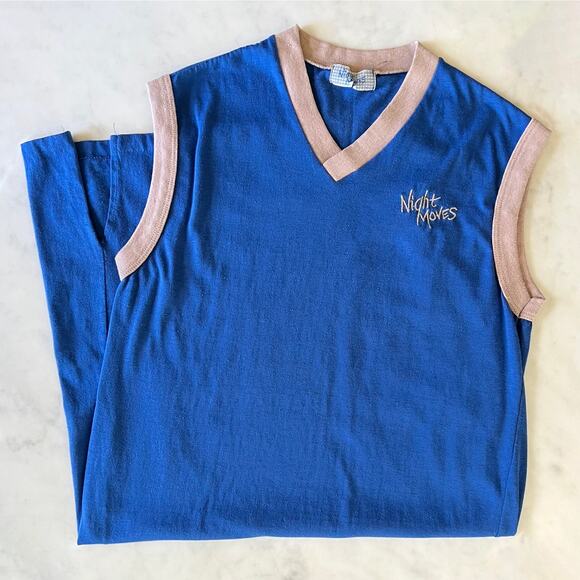 Vintage 80s Blue Night Moves Sleeveless Ringer Midi Nightgown / Dress / S M - Picture 1 of 8